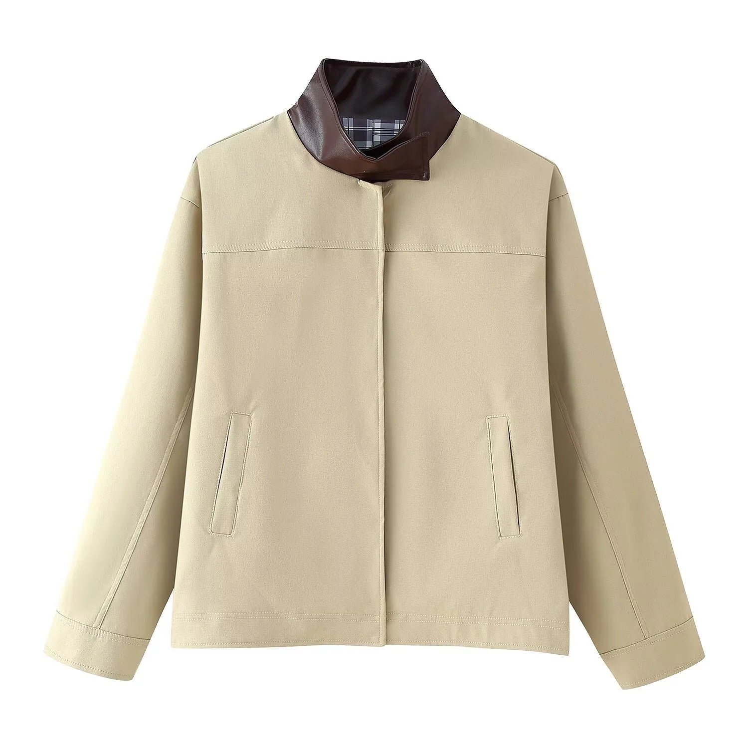 Aiertu  -  Patchwork Vintage Pu Jacket Women Loose Stand Collar Long Sleeve Button Khaki Coats Spring Chic Street Outwears Lady 2025 Aiertu