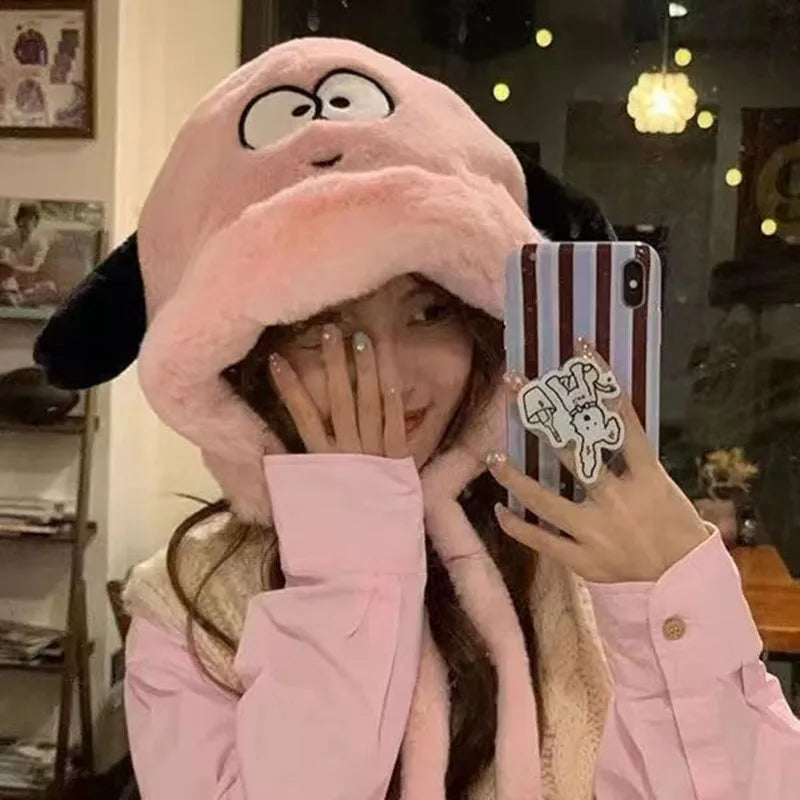 Aiertu  -  Winter Cute Fleece Beanie Hat For Women Girl Cartoon Big Eyes Plush Long Ears Soft Warm Skullies Hat Thickened Earflap Party Cap Aiertu