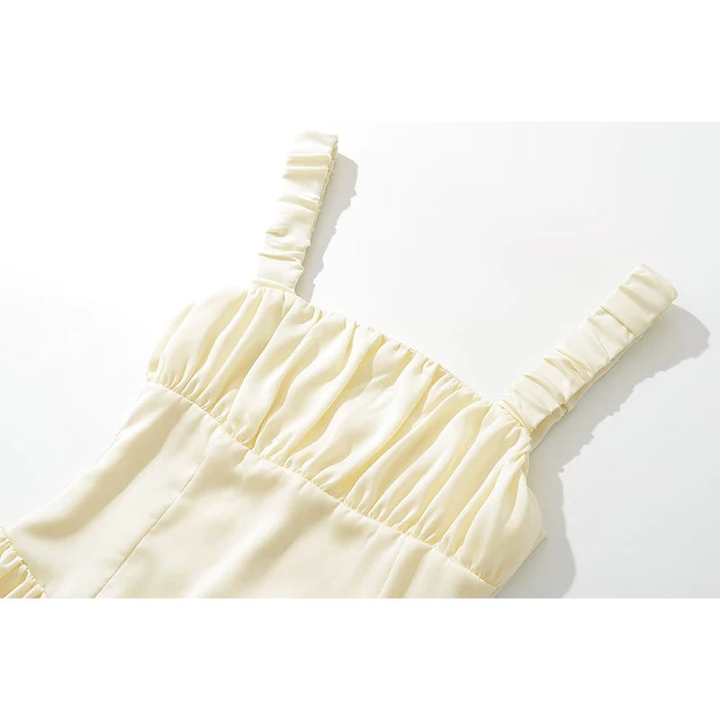 Aiertu  -  Sweet Women Sexy Low Waist Pleated Hem Satin Tank Mini Dress Summer Female Birthday Party Dresses Holiday Robe Aiertu