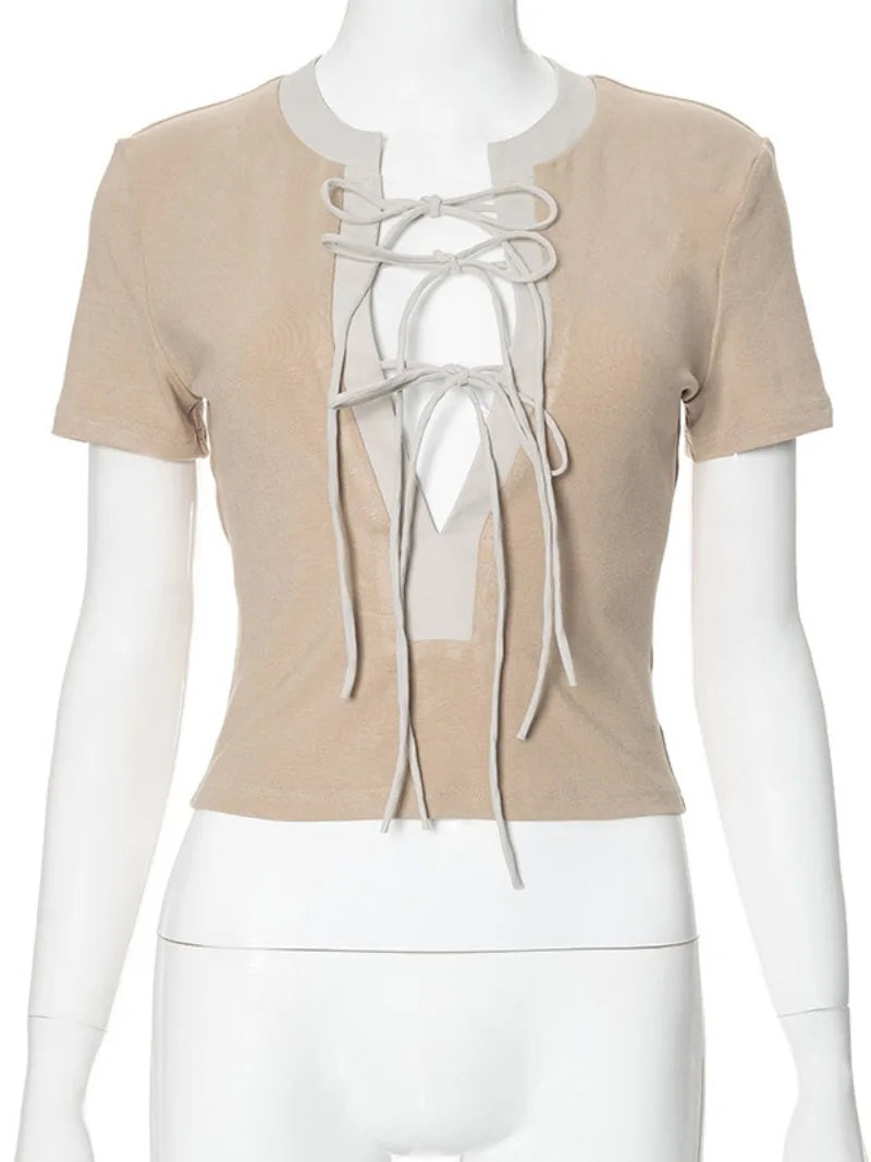 Aiertu  -  Fashion Short Sleeve Bandage T-shirt 2026 Woman Clothes O-neck Lace-up Slim Crop Top Streetwear Female Coffee Contrast Color Tee Aiertu
