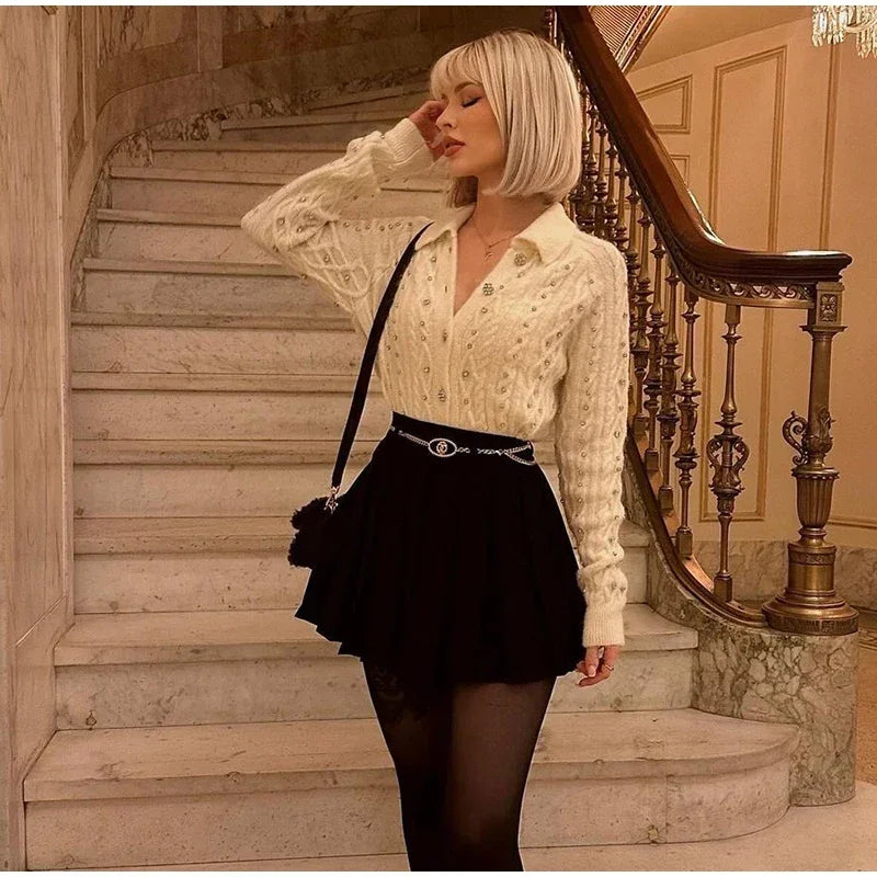 Aiertu  -  Elegant Diamonds Sweater Cardigans Women Lapel Long Sleeve Single Breasted Sweaters 2026 Autumn Winter New Lady Tops Streetwear Aiertu