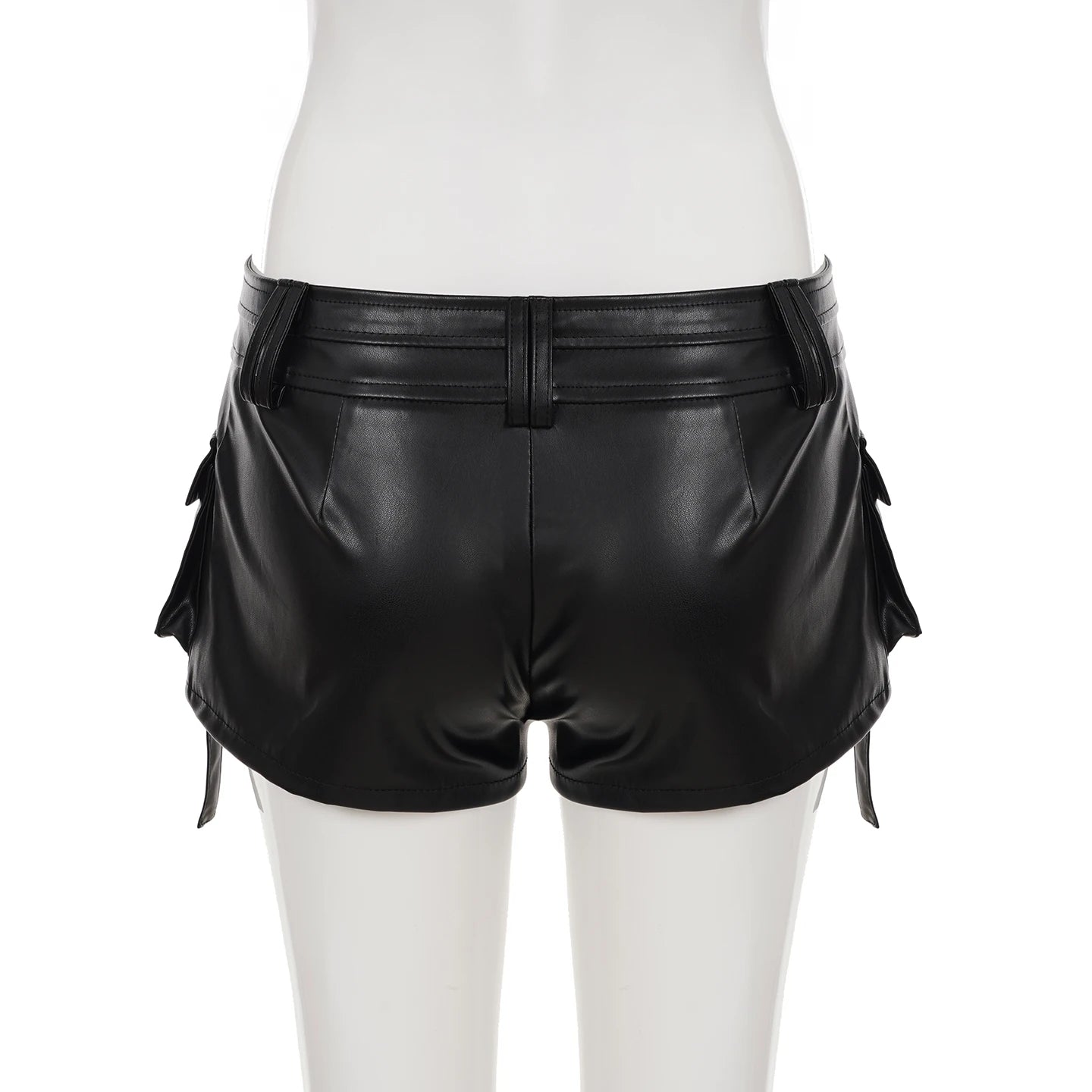 Aiertu  -  Punk Style Black Leather Shorts Solid Skinny Button-up Low Rise Pockets Patchwork Cargo Shorts Women Summer Streetwear Aiertu