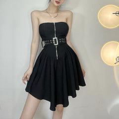 Aiertu - Metal Buckle Belt Draped Hem Irregular A Swing Dress Aiertu