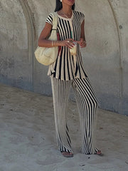 Aiertu  -  Striped Loose Two Piece Set for Women O Neck Sleeveless Top High Waist Wide Leg Pants Casual Sets Female Sumemr New Aiertu
