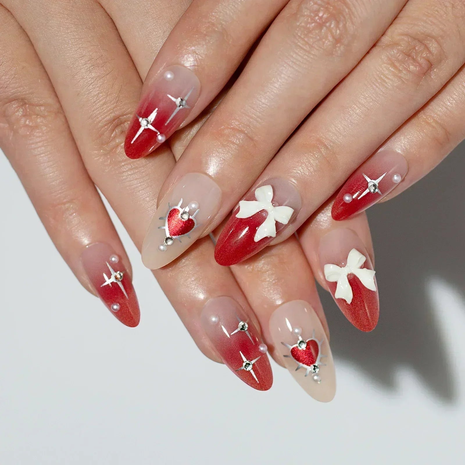 Aiertu 24Pcs Pink Almond French Press on Nails With 3D Bow ripple charms Design Fake Nails Ballerina False Nails Full Cover Nail Tips Aiertu