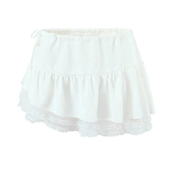 Aiertu  -  Summer White Lace Skirts Women Asymmetrical Skirt Y2k Outfit Solid Double Layered White Mini Skirts With Safety Shorts Lace Trim Aiertu