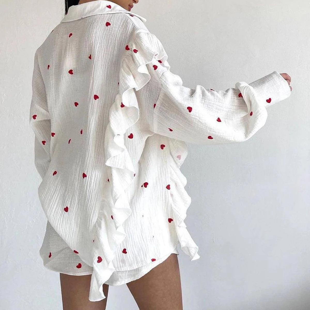 Aiertu  -   2026 New Heart Printed Short Set Women Long Sleeve Pocket Ruffle Cardigan+Short Pants Sets Spring Summer Casual Chic 2 Piece Set Aiertu