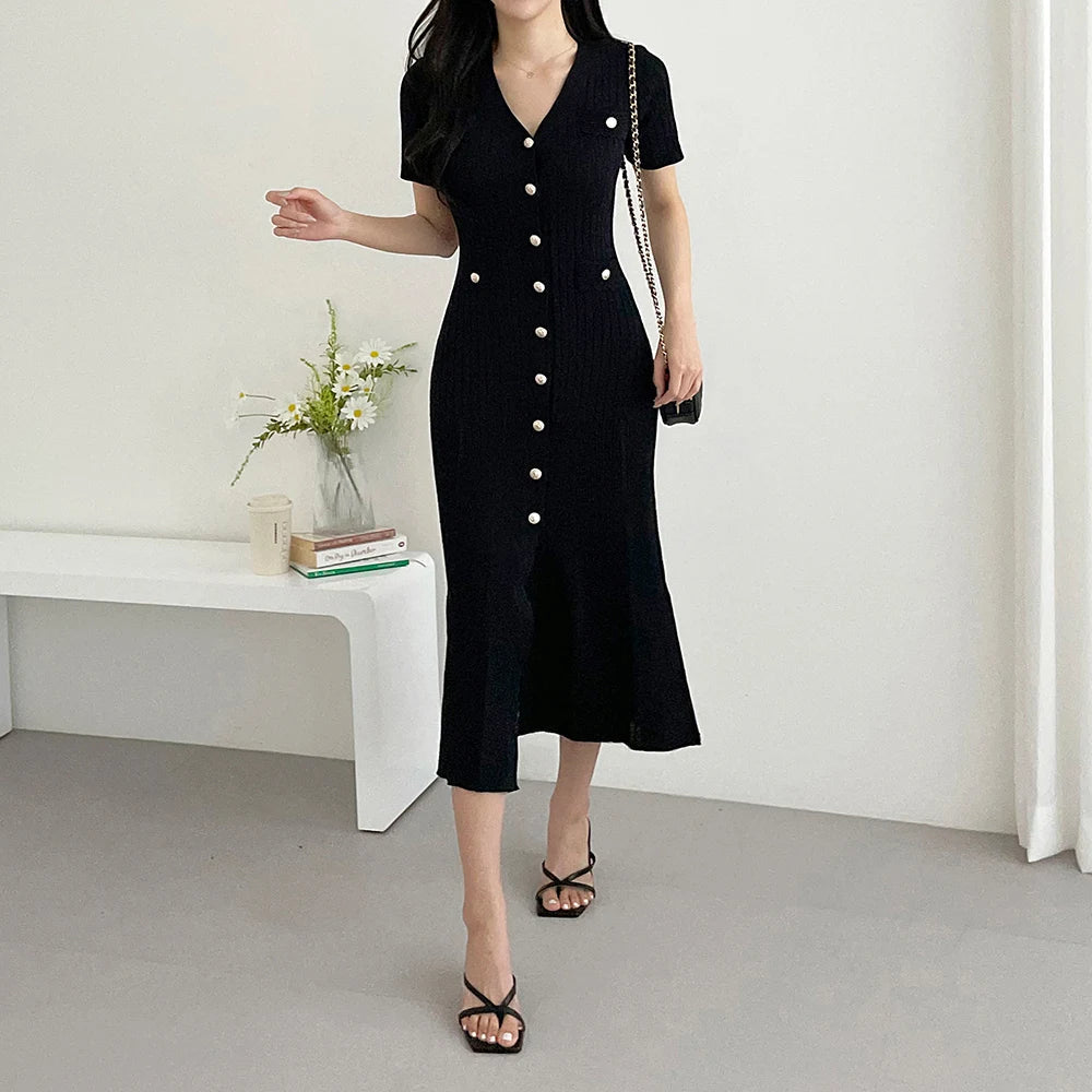 Aiertu Knitted Black Bodycon Korea Style Ruffle Ladies Short Sleeves Midi Dresses Elegant Casual V-neck Mermaid Dress for Women Summer Aiertu