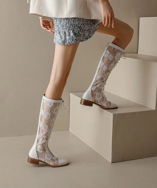 Aiertu  Chic White Hollow Out Lace Up Chunky Boots Aiertu