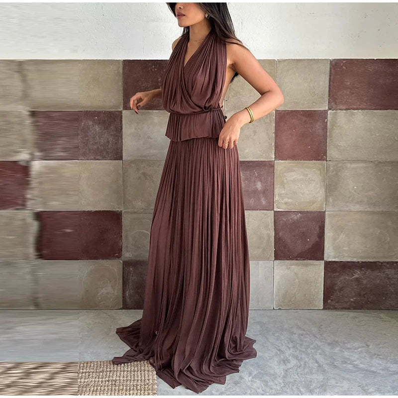 Aiertu  -  Fashion Pleated Long Skirts Set Women Sexy Sleeveless Backless Halter Tops High Waist Mermaid Skirt Vacation Beach 2 Pieces Sets Aiertu