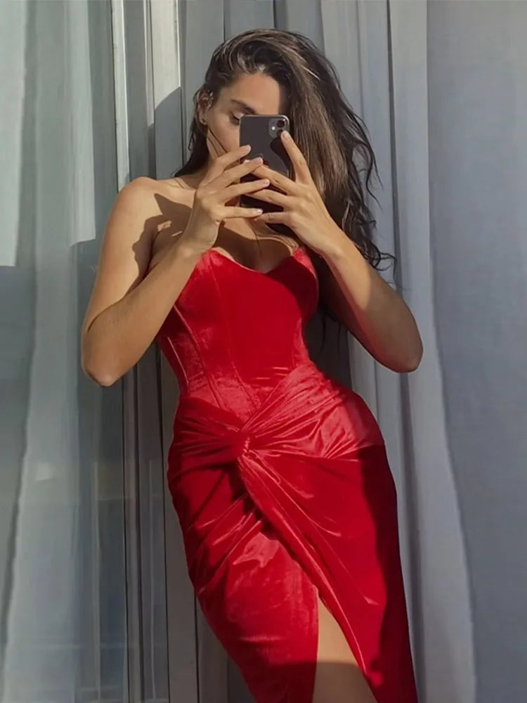 Aiertu  -  Strapless Long Dresses Women Elegant Slim Backless Bandage Vent Robe Female Fashion High Waist Chic Dresses Lady Aiertu