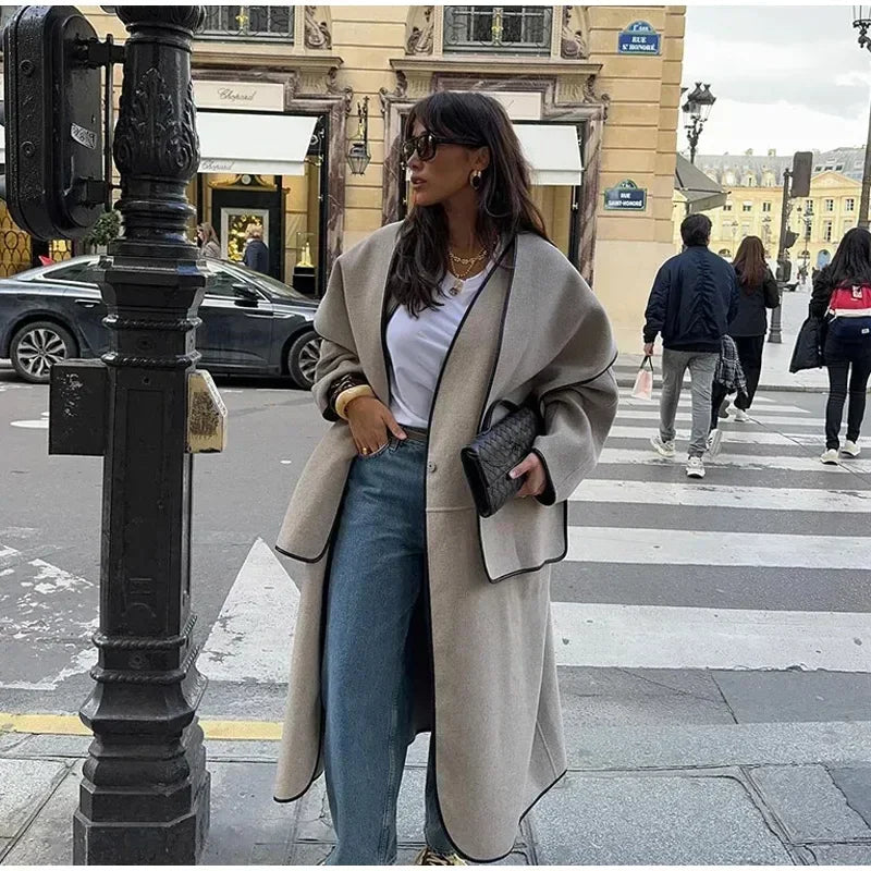 Aiertu     -  Fall Outfits 2026 Elegant Patchwork Woolen Coats Women Loose Lapel Long Sleeve Contrast Windbreak Overcoat 2026 Autumn Winter New Lady Top Outwear Aiertu