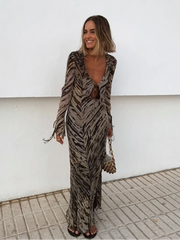 Aiertu  -  Elegant Stripe Print Flare Sleeves Maxi Dress For Women Sexy Hollow Out Lace-up Long Robes 2026 Autumn New Lady Street Vestidos Aiertu