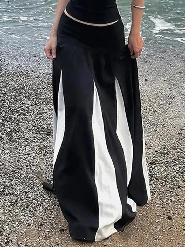 Aiertu  -Contrast Patchwork Low-Rise Maxi Skirt aiertu