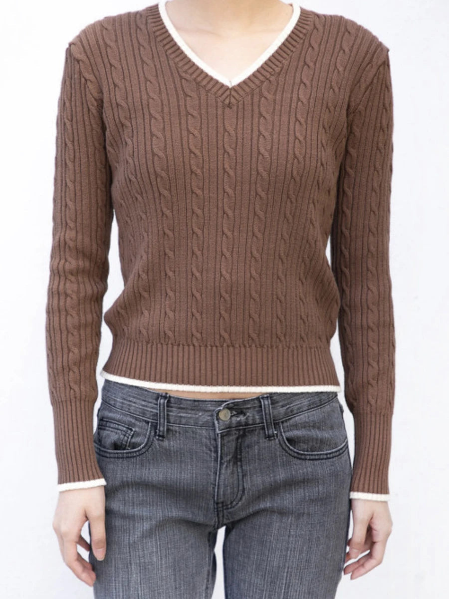 Aiertu  -  Classic Twisted Long Sleeve Sweater Women Contrast V Neck Knitted Pullover Tops Winter New American Vintage Preppy Style Jumper Aiertu