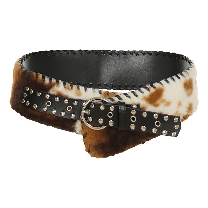 Aiertu - summer inspo Fashion Classical Leather Pu Spliced Faux Fur Women’s Belts Cow Pattern Exquisite Retro Accessories Aiertu
