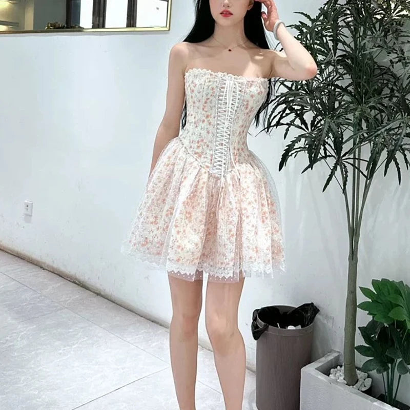 Aiertu  -  Pretty Girl Floral Print Mesh Strapless Mini Dresses Women Front Lace Up Bandage Birthday Party Dress French Bridesmaids Robe Aiertu
