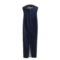 Aiertu  -  INS Fashion Deep Blue Appear Slim Off The Shoulder Zipper Bottom Slit Design Women Denim Strapless Dress ZATT 2025 Spring New Aiertu