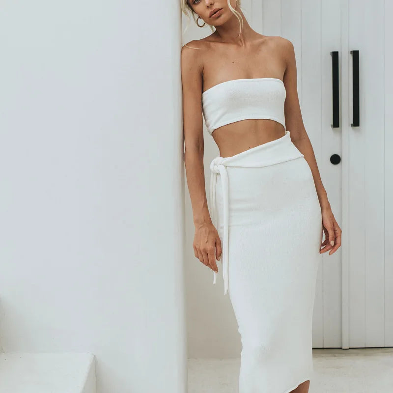 Aiertu  -  Y2K Women Wrap Hip Lace Up Knitwears Dress Fashion Knitted Strapless Dress Cut Out Bandage Bodycon Midi Slit Tube Top Dresses Aiertu