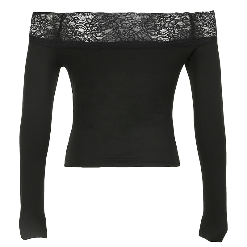 Aiertu - summer inspo Gothic Retro Lace Trim Slash Neck Blouses Women?Long Sleeve Y2k Darkly Chic Print Autumn Trendy Fashion Tops Aiertu
