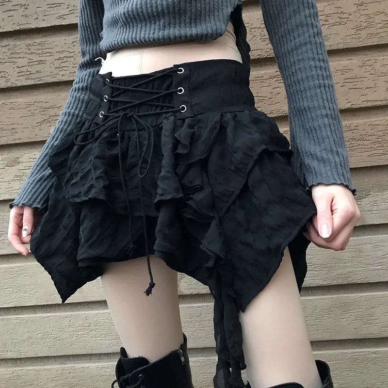 Aiertu  -  Gothic Style Irregular Black Short Skirt Y2K Fashion Lace-up Layered Skirt Girly Chic Streetwear Cute Outfits Summer Aiertu