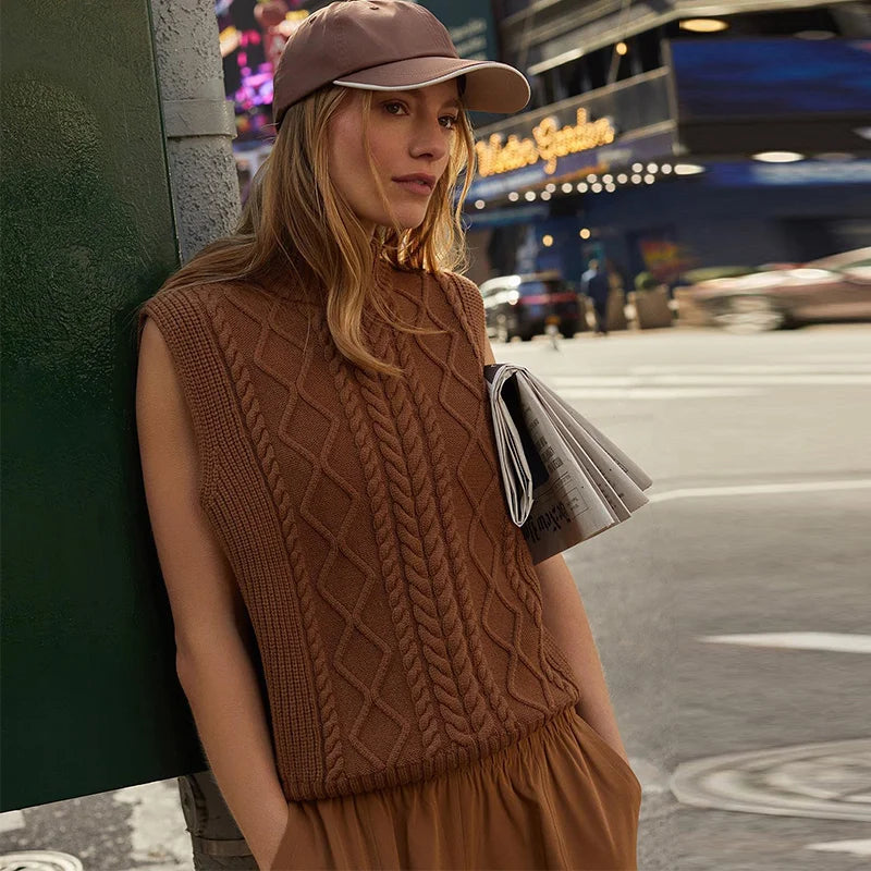 Aiertu  -  Casual Knitted High Collar Vest Women Loose Solid Sleeveless Female Waistcoat  Autumn Lady Cozy All-match Twist Pullovers Aiertu