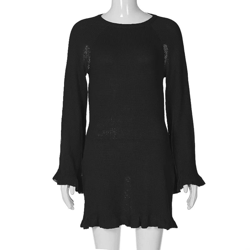 Aiertu  -  Fashion Casual Lace-up Backless Long Sleeve Sweater Dress Women's Autumn Hollow Out Knitting Short Holiday Party White Dresses Aiertu