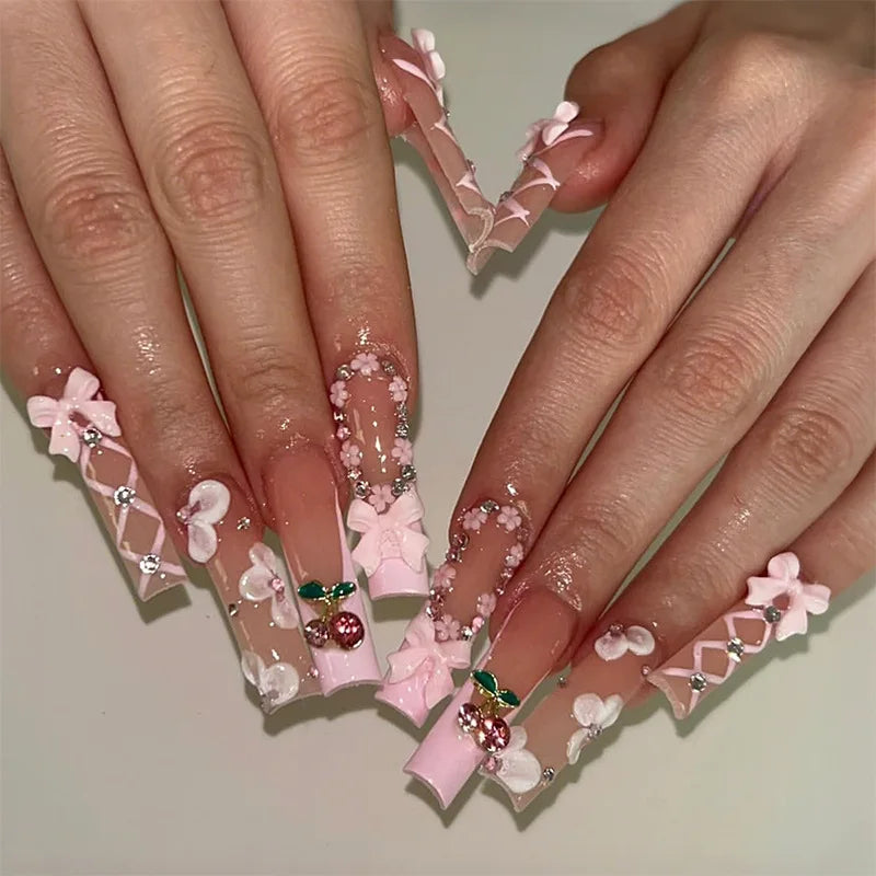 Aiertu  -  24PCS Long Square False Nails with 3D Bowknot Tie Designs Sweet Pink French Stick on Nails for Women Wearable Manicure Nail Tips Aiertu