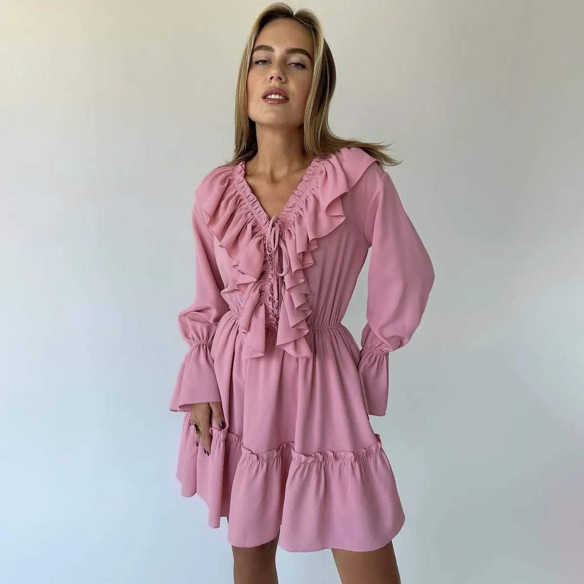 Aiertu  -  2026 Fall V-neck Flare Sleeve Ruffles Short Dresses Streetwear Women's High Waist Lace-up Tunics Ruched A-line Pink Party Dress Aiertu