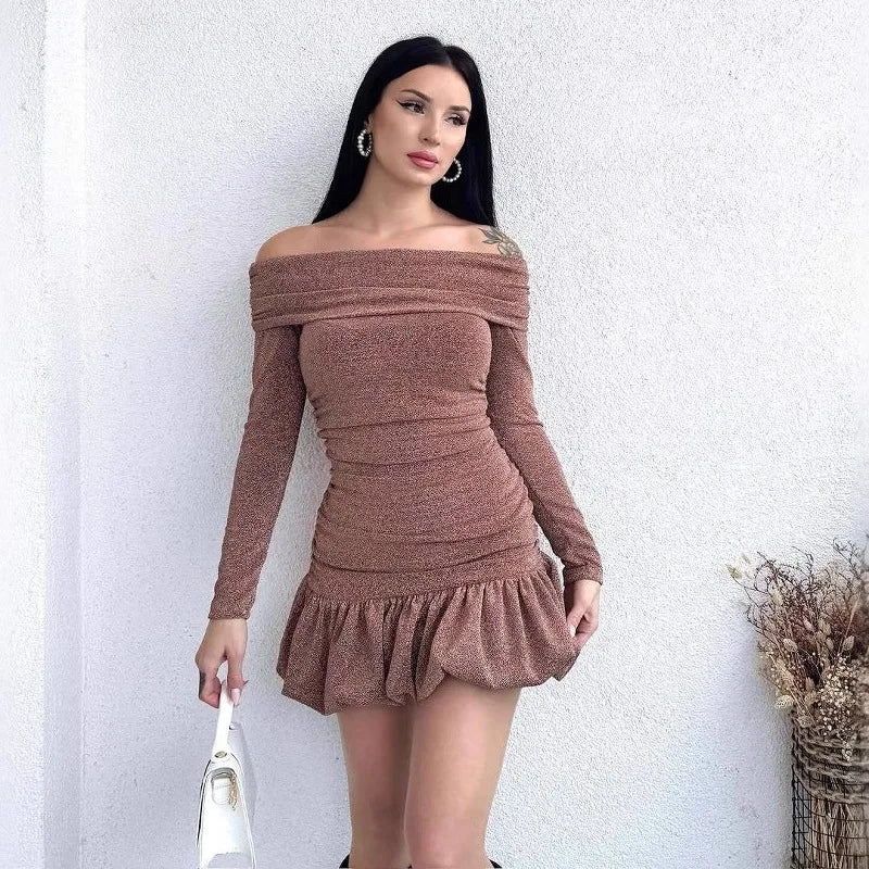 Aiertu  -  Fashion One-Shoulder Mini Dress Female Sparkly Evening Party Dress Long Sleeve Patchwork Slim Folds Women's Dress Elegant Aiertu