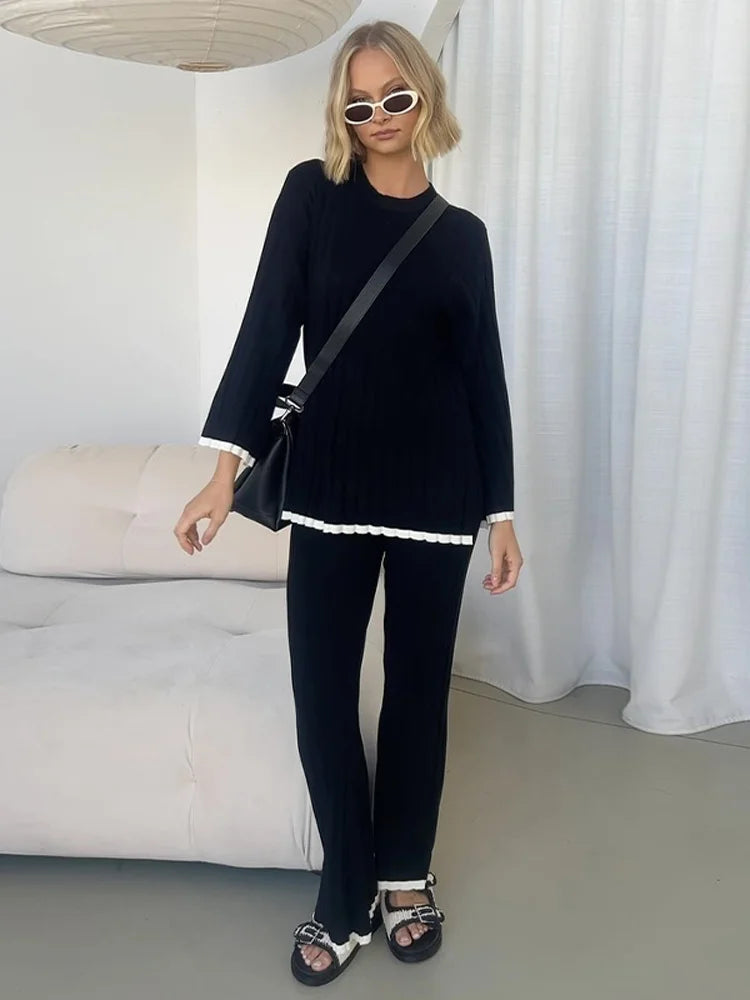 Aiertu  -  2026 Autumn Ruffle Basic Knitted Pants Set Round Neck Long Sleeves Top Wide Leg Trousers Suits Female 2026 Casual Office Outfits Aiertu