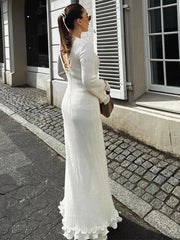 Aiertu  -  Fashion Flared Sleeves Lace Hem Maxi Dress Lady Elegant Solid Back Lace Up Long Dress Female Casual Streetwear Club Party Robes Aiertu