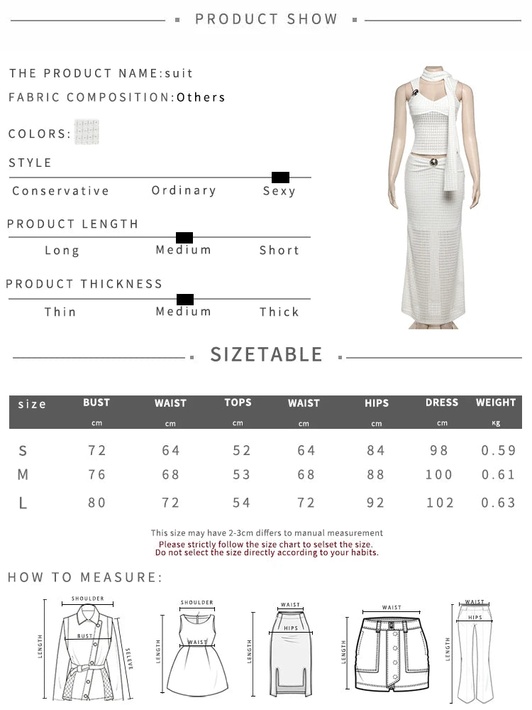 Aiertu  -  Elegant Sequined Patchwork 3 Piece Set Women Basic Scarf+Square Collar Tank Tops+Ruched Long Skirt Matching Trend Suits Aiertu