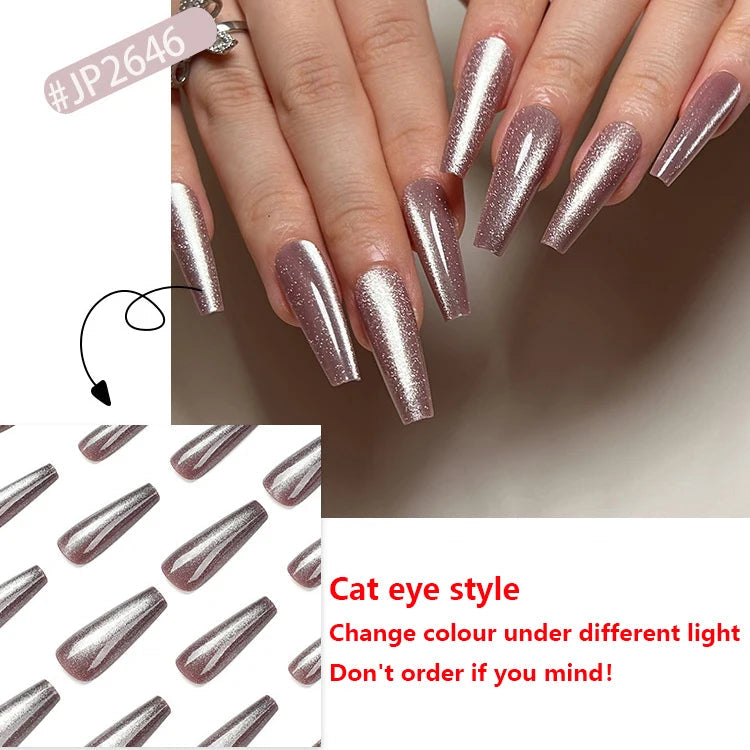 Aiertu Cat Eye Long Ballet Fake Nail Glitter Powder Raspberry Purple Blue Wearable Full Cover Finished False Art Nail Tip Press on Nail Aiertu