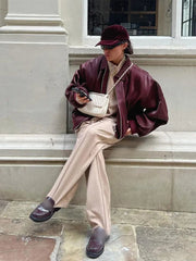 Aiertu  -  Autumn New Pu Leather Wine Red Jacket Women Casual Lapel Zipper Long Sleeved Short Coats 2026 Fashion Lady High Street Outerwear Aiertu