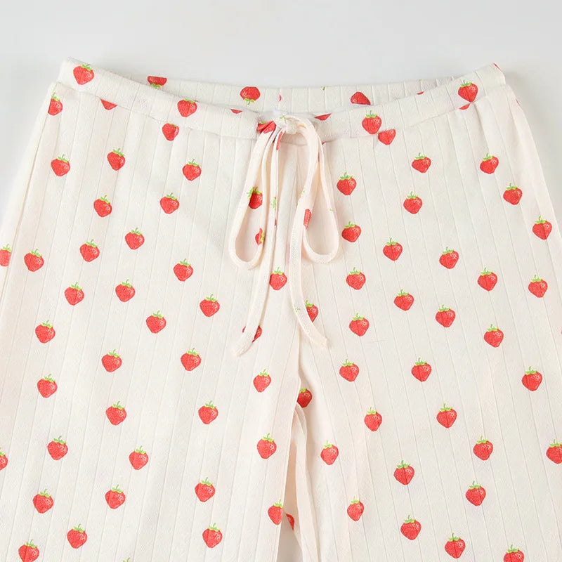 Aiertu  -  Strawberry Print Eyelet Two-piece Set Women Summer Sleeveless Slim Camis+Drawstring Pants Sets Home Cozy Sweet Casual Pajamas Aiertu
