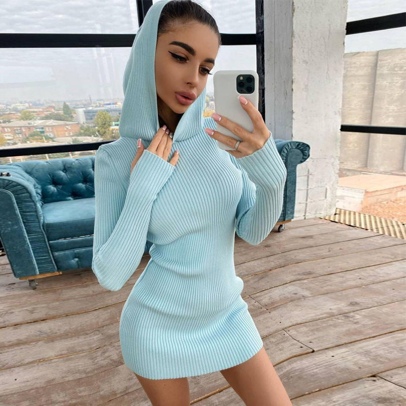 Aiertu - Knit Hooded Long Sleeve Slim Hip Dress Aiertu