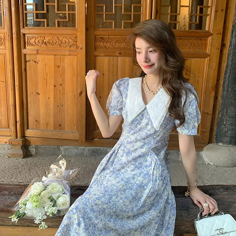 Aiertu  -  Casual Holiday Long Dresses 2024 Women Chic Floral Summer Elegant Prom Evening Bubble Sleeve Maxi Dress For Chiffon Korean Lady Aiertu
