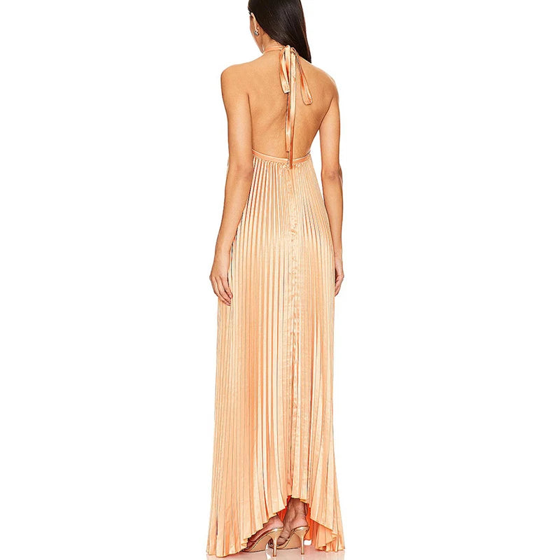 Aiertu  -  Sexy Halter Lace-up Backless Evening Dress Womens Spring Solid Rib Pleated Long Dress Summer Sleeveless Hollow Boho Maxi Dresses Aiertu