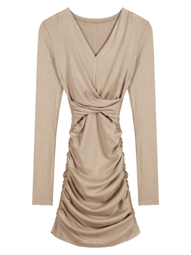 Aiertu  Winter Solid Sexy Dress Women Elegant Korean Fashion Bodycon Mini Dress Female Long Sleeve V-neck Chic Slim Party Dress New Aiertu