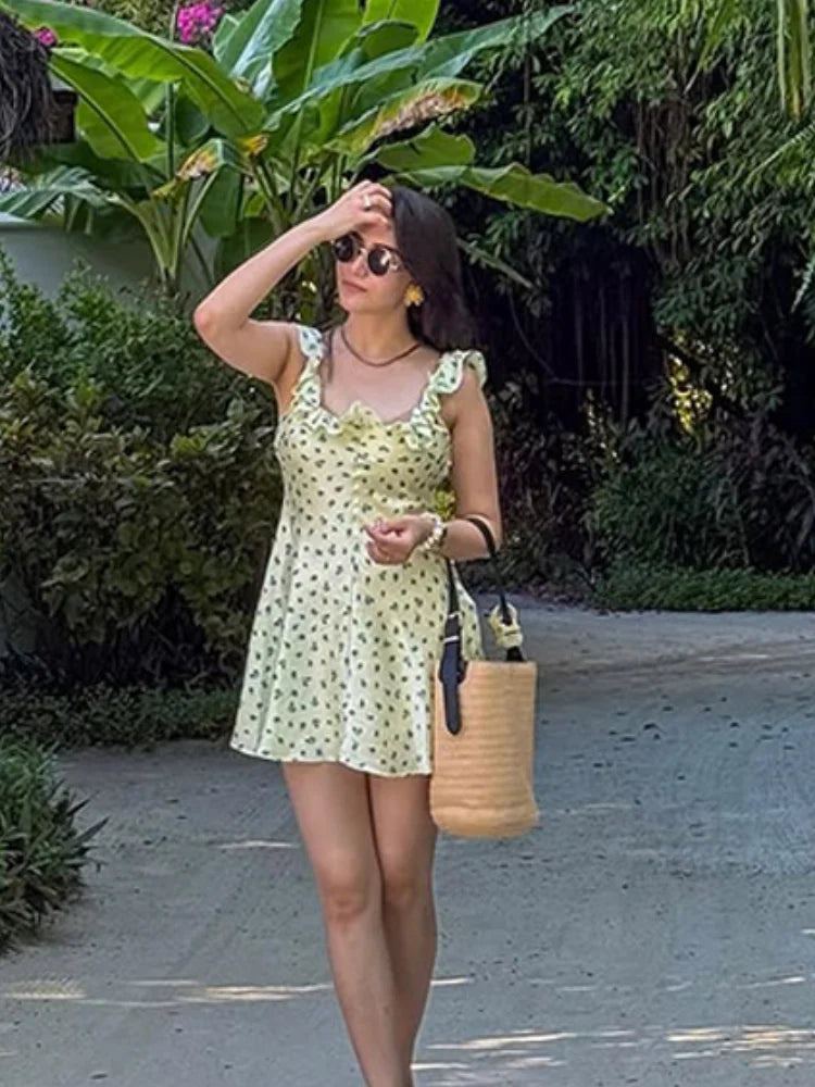 Aiertu  -  Women's Floral Print Mini Dresses 2026 Summer Sleeveless U Neck Ruffled Hem Vacation Outfit Light Green Leaf Elegant Party Dress Aiertu