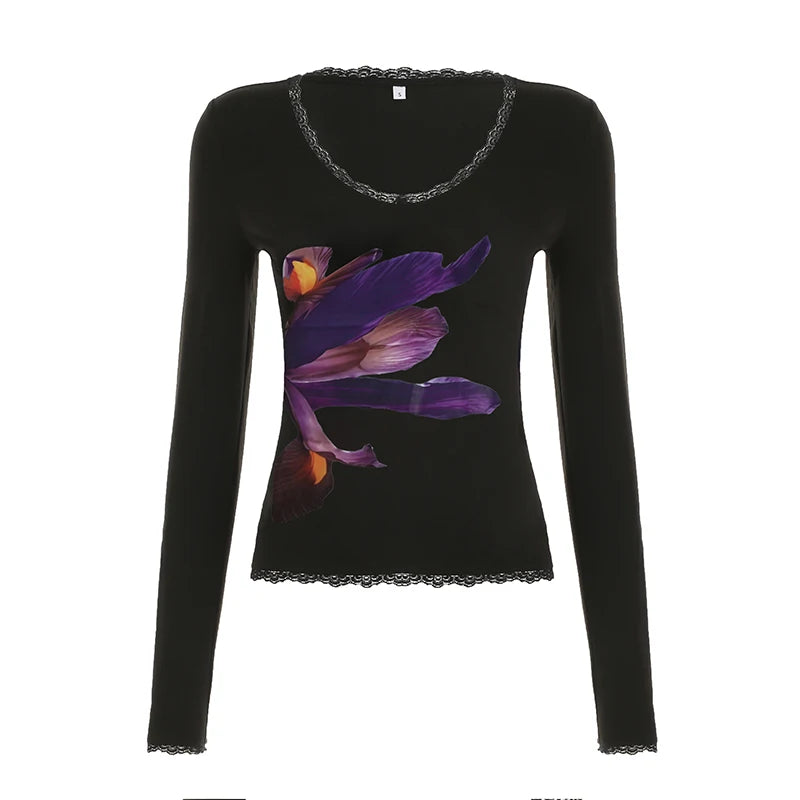Aiertu  -   Y2K Long Sleeve T-shirt Floral Print Elegant Women Fitted Cropped Top Spring Fashion Vintage Street Tee Shirt Outfits Aiertu