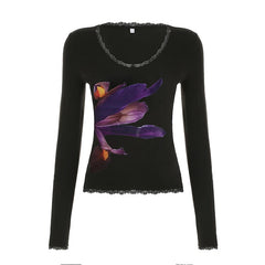 Aiertu  -   Y2K Long Sleeve T-shirt Floral Print Elegant Women Fitted Cropped Top Spring Fashion Vintage Street Tee Shirt Outfits Aiertu