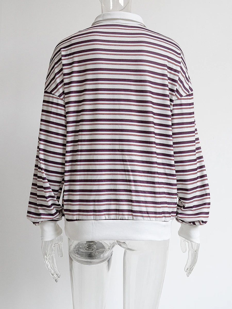 Aiertu  -  Striped Contrast Long Sleeve T-shirt Women Buttons Turndown Collar Loose T Shirt 2025 Spring New Streetwear Vintage Casual Tees Aiertu