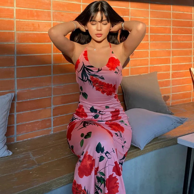 Aiertu  -   Sexy Backless Floral Print Slip Maxi Dress Beachwear Holiday Summer Sleeveless Long Dresse Robe Elegant Outfits Aiertu