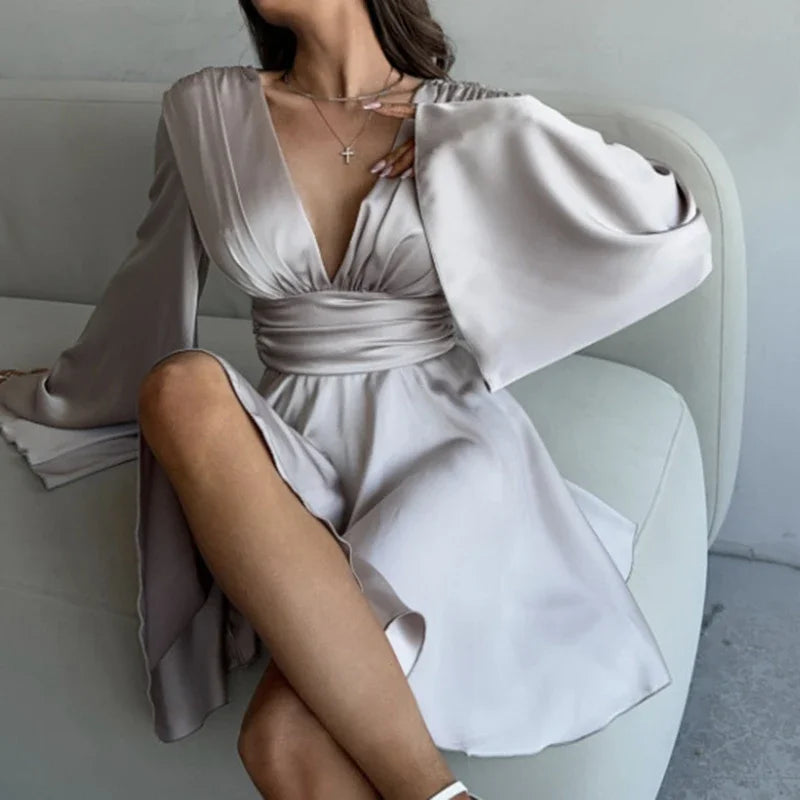 Aiertu  -  Elegant Party Satin Flare Long Sleeve Dress Women's Sexy Deep V Neck Solid Color Higt Waist Dresses Autumn Fashion 2026 Aiertu