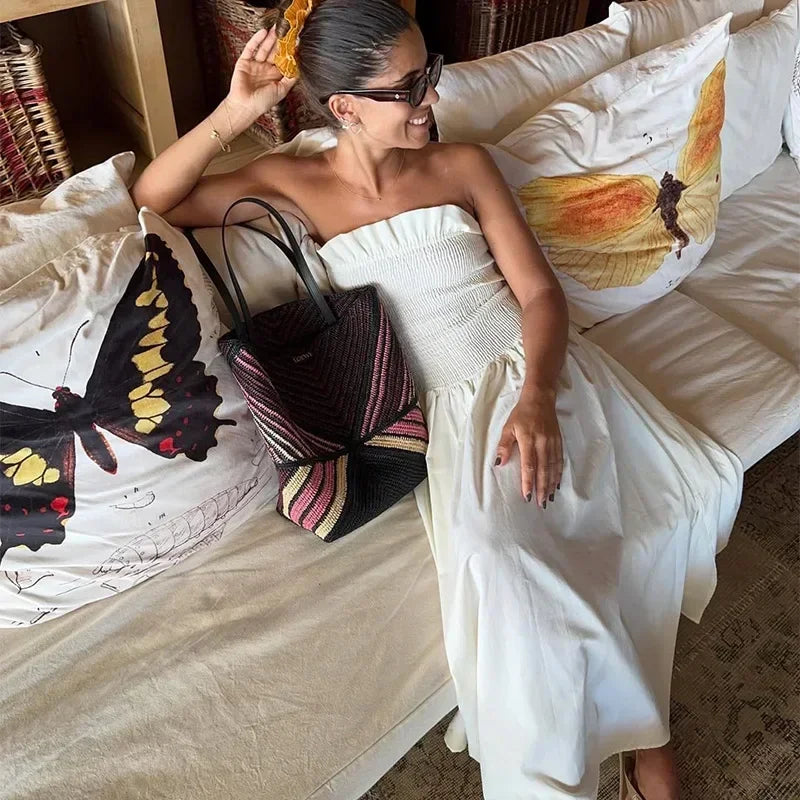 Aiertu  -  Casual Strapless Long Dress Women Pleated Sleeveless Backless Elastic Waist Female A Line Dresses 2025 Lady Solid Vacation Robes Aiertu