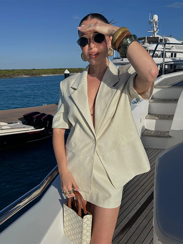 Aiertu  -  Mid Length Linen Suit Jacket Coat Skirt Set Waist Horizontal Line Design Satin Short Sleeve Baggy Wide Outwear Top Formal Attire Aiertu