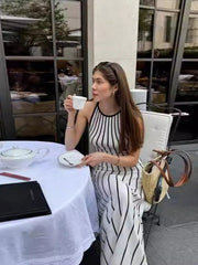 Aiertu  -  2026 New Black White Stripe Print Knit Dress Fashion Round Neck Sleeveless Slim Long Dresses Female High Street Casual Robes Aiertu