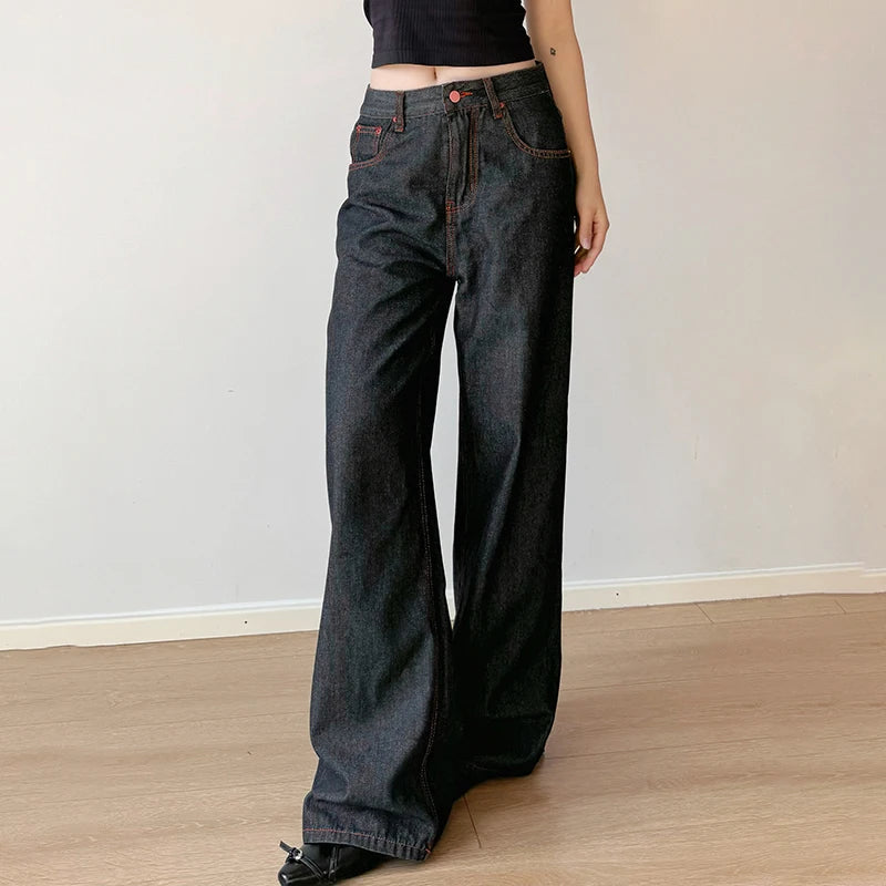 Aiertu  -  Y2K Contrast Stitch Black Straight Jeans Vintage Embroidery Pockets Back Harajuku Vintage Loose Denim Pants Grunge Aiertu